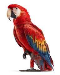 Naklejka premium A tall, red parrot with vibrant plumage. Great for packaging, tropical branding, and bold visuals.