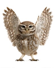 Obraz premium A small owl spreading its wings, captured mid-movement. Dynamic and eye-catching for motion-related designs.