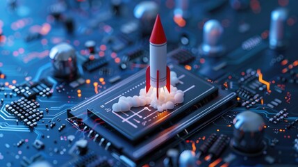 Futuristic rocket emerges from digital device, showing new business or tech breakthrough