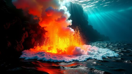 Underwater volcano eruption with lava and smoke plumes