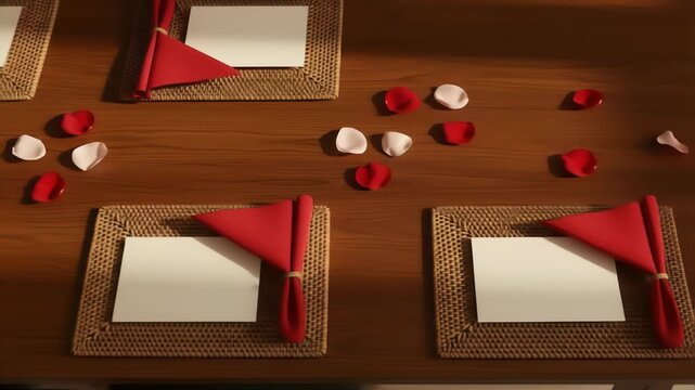 Overhead view of a wooden table set for a romantic dinner featuring woven placemats red napkins and scattered rose petals with soft sunlight creating shadows.