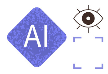 Purple AI label, stylized eye with rays, and focus frame outline concepts of machine vision, perception, technology, innovation. Ideal for AI, tech, design analytics creativity future simple flat