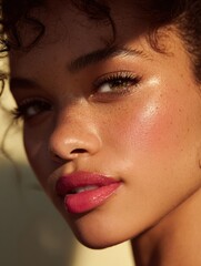 Naklejka premium Beauty Shot Featuring Playful Lighting Highlighting Cheeks and Lips With Soft Backdrop and Ample Space for Personalized Messages