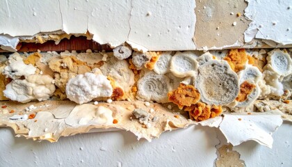 Close Up of White Wall Damaged by Mold and Peeling with White Orange Texture