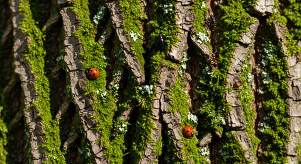Obraz premium Close-up of tree bark with moss and ladybugs
