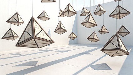 Floating geometric pyramids in a bright white modern space art