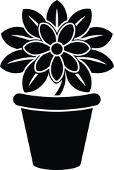 Black silhouette of a potted flower with multiple petals and leaves potted plant black and white