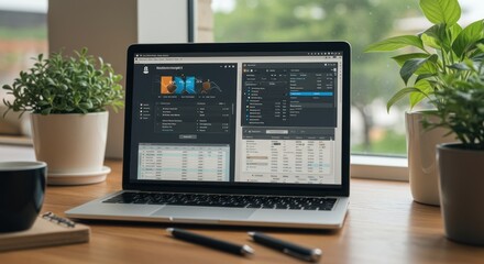 Workspace ambiance featuring a laptop displaying complex software interface near window