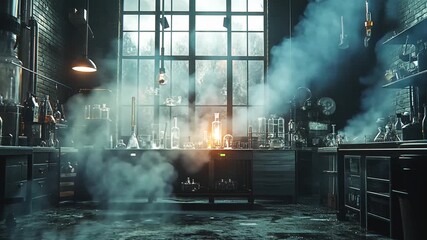 ominous industrial laboratory with billowing smoke featuring beakers vials and vintage equipment aesthetic - Powered by Adobe