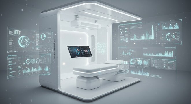 Advanced medical diagnostic pod with interactive digital displays in futuristic clinic - Powered by Adobe