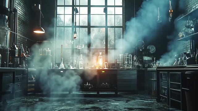 ominous industrial laboratory with billowing smoke featuring beakers vials and vintage equipment aesthetic