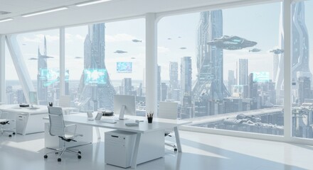 Obraz premium Bright futuristic office space with a stunning view of a technologically advanced cityscape