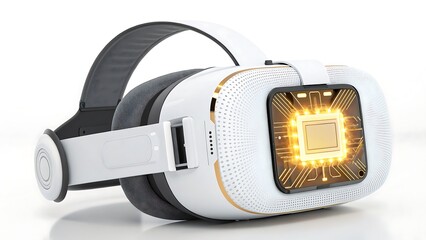 Close up of white vr headset with glowing chip on a white surface