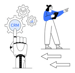 Robotic hand interacts with CRM gear icons for data, analytics, team processes. Professional with tablet points to strategy. Ideal for tech, automation, CRM, teamwork, strategy innovation simple