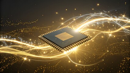 Illuminated chip with golden light trails and sparkling particles
