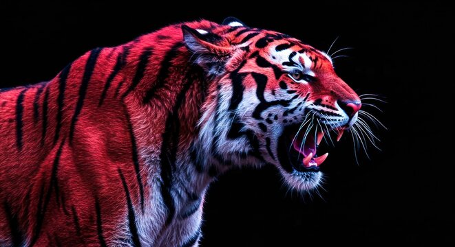 Dramatic portrait of a red tiger roaring with vibrant detail against a dark background