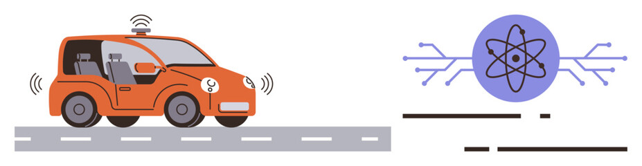 Orange self-driving electric car on road emitting connectivity signals beside AI-powered atom icon. Ideal for technology, artificial intelligence, transportation, innovation, automation, clean