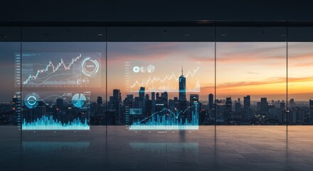 Financial data overlaying a cityscape during the dawn light showcases market trends