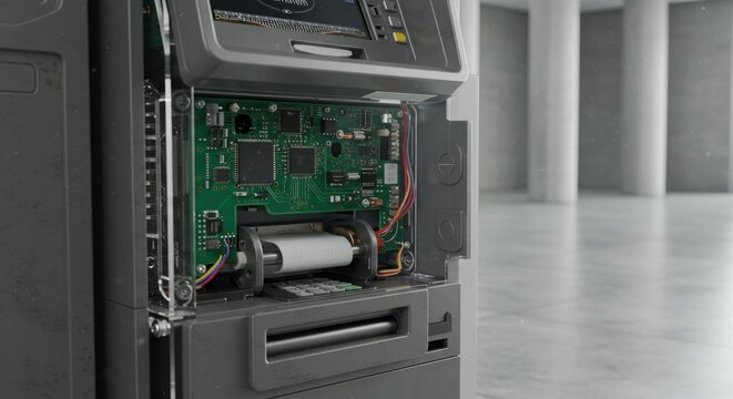 Exposed internal electronics of an automated teller machine in a public place