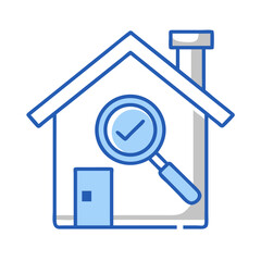 Home inspection icon depicting house with magnifying glass and check mark, signifying property evaluation