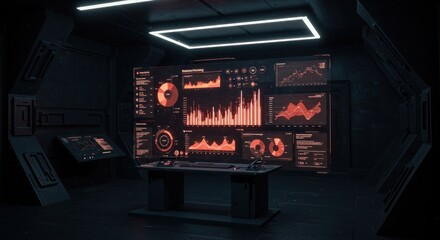 Futuristic data analysis center featuring advanced display technology and illuminated panels