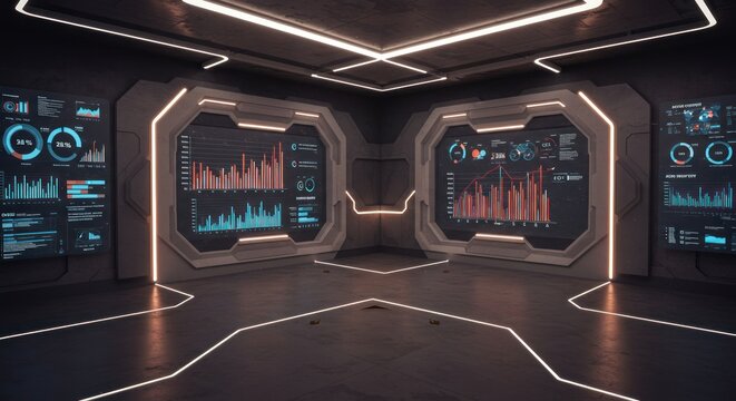 Futuristic control room with multiple display screens and advanced technology interface