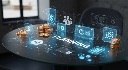 Futuristic financial planning concept with glowing interface and coins on a table