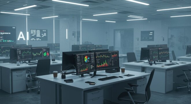 Futuristic financial office workspace showcasing data analytics and technology advancement