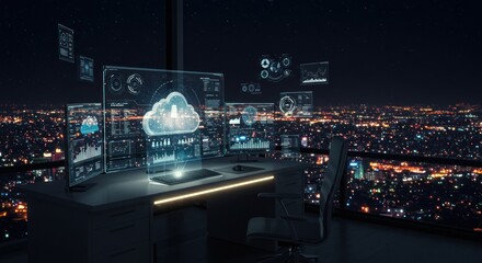 Futuristic workspace displaying cloud computing and data analytics in an urban setting at night