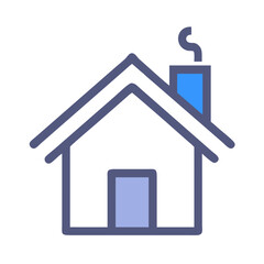 Simple house icon illustration with chimney and smoke on black background, outline style