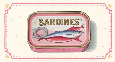Vibrant Illustrated Sardine Can Detailed Seafood Packaging Design with Decorative Elements and