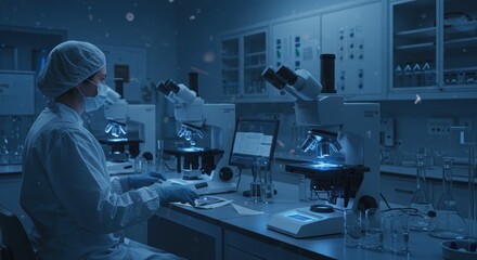 Medical researcher in protective suit working with microscopes in laboratory