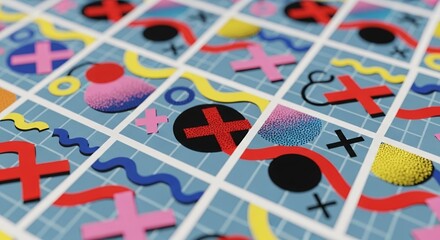 Vibrant Memphis Style Abstract Geometric Pattern with Colorful Shapes on a Grid Background Pla