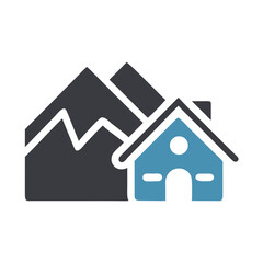 Icon of a house in front of mountains against a black background
