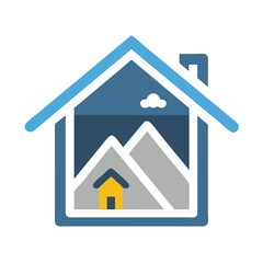 Stylized home icon containing a mountain range and smaller house within, vector graphic