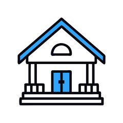 Stylized building icon with a blue roof and door against a black background