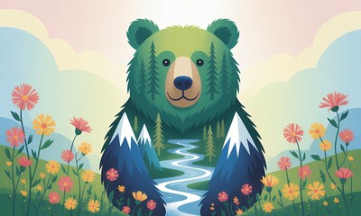 Vibrant nature illustration Whimsical forest bear composed of mountains river pine trees an
