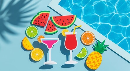 Vibrant Paper Cutout Tropical Summer Flat Lay with Fruits Cocktails and Poolside Reflections