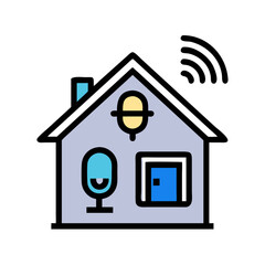 Smart home tech interface featuring smart speaker, light control, and security system.