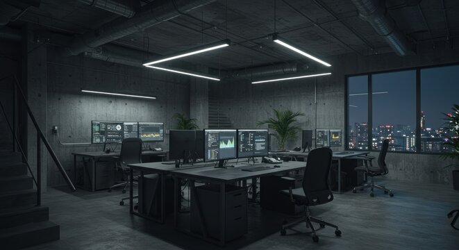 Modern office space with concrete walls illuminated by led lighting and a night skyline view - Powered by Adobe