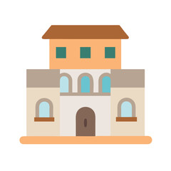 Flat vector building illustration with minimalist design, earth tones, and simple shapes on black background