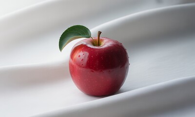 Vibrant Red Apple with Green Leaf and Fresh Water Droplets on White Fabric Healthy Fruit Still