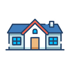 Illustration of a detached house in blue and beige with a simple geometric style
