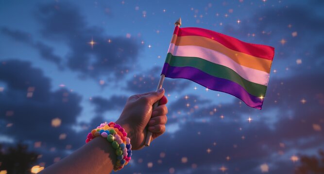 Vibrant Rainbow Flag Held High in Sparkling Twilight Sky Representing Pride Diversity and In
