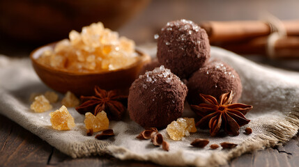 Fototapeta premium Truffles and ginger candies on a rustic setting, star anise and cinnamon sticks enhance the presentation.