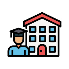 Stylized Graduation Scene with Graduate and University Building on Black Background