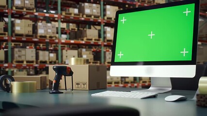 Mockup Ad Monitor Warehouse logistics and inventory management desk with a computer featuring a green screen for mockup.
