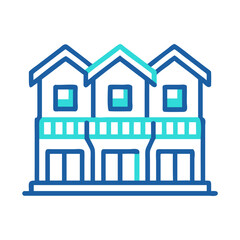 Illustration of Three Townhouses in Blue and Turquoise Isolated on Black Backdrop