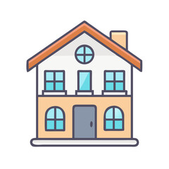 Cute cartoon two-story house icon with chimney against a black background