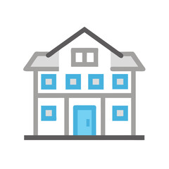 Flat design illustration of a two-story house with a gray roof and light blue accents